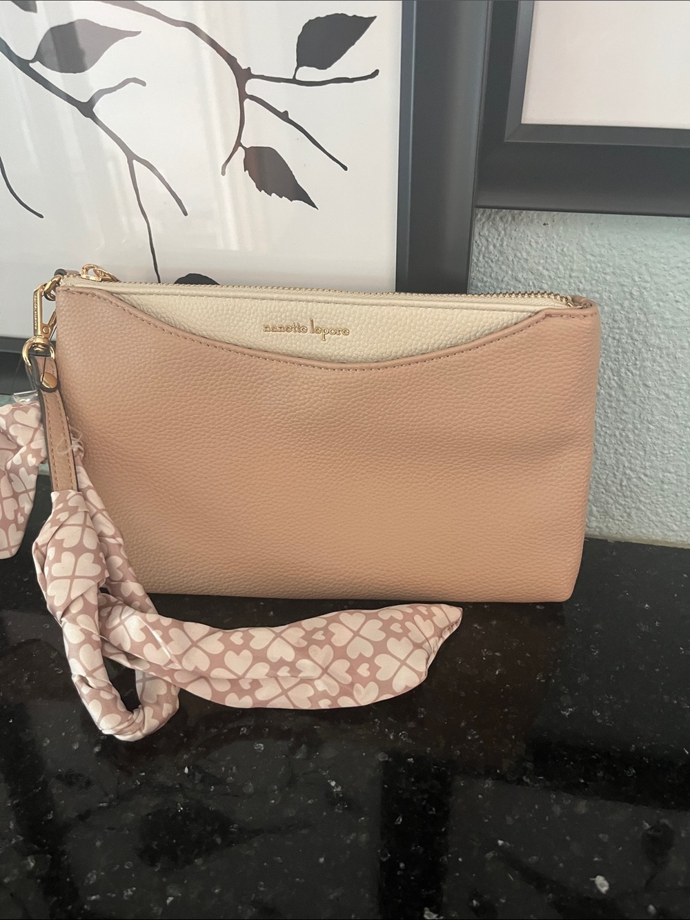 Nanette Lepore Pink and Cream Leather Wristlet with Scarf Accent